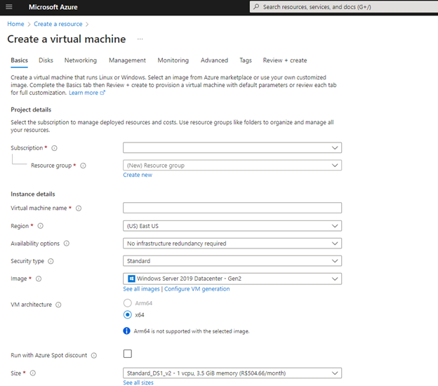 Figura 8: Informações solicitadas em nova máquina virtual. 